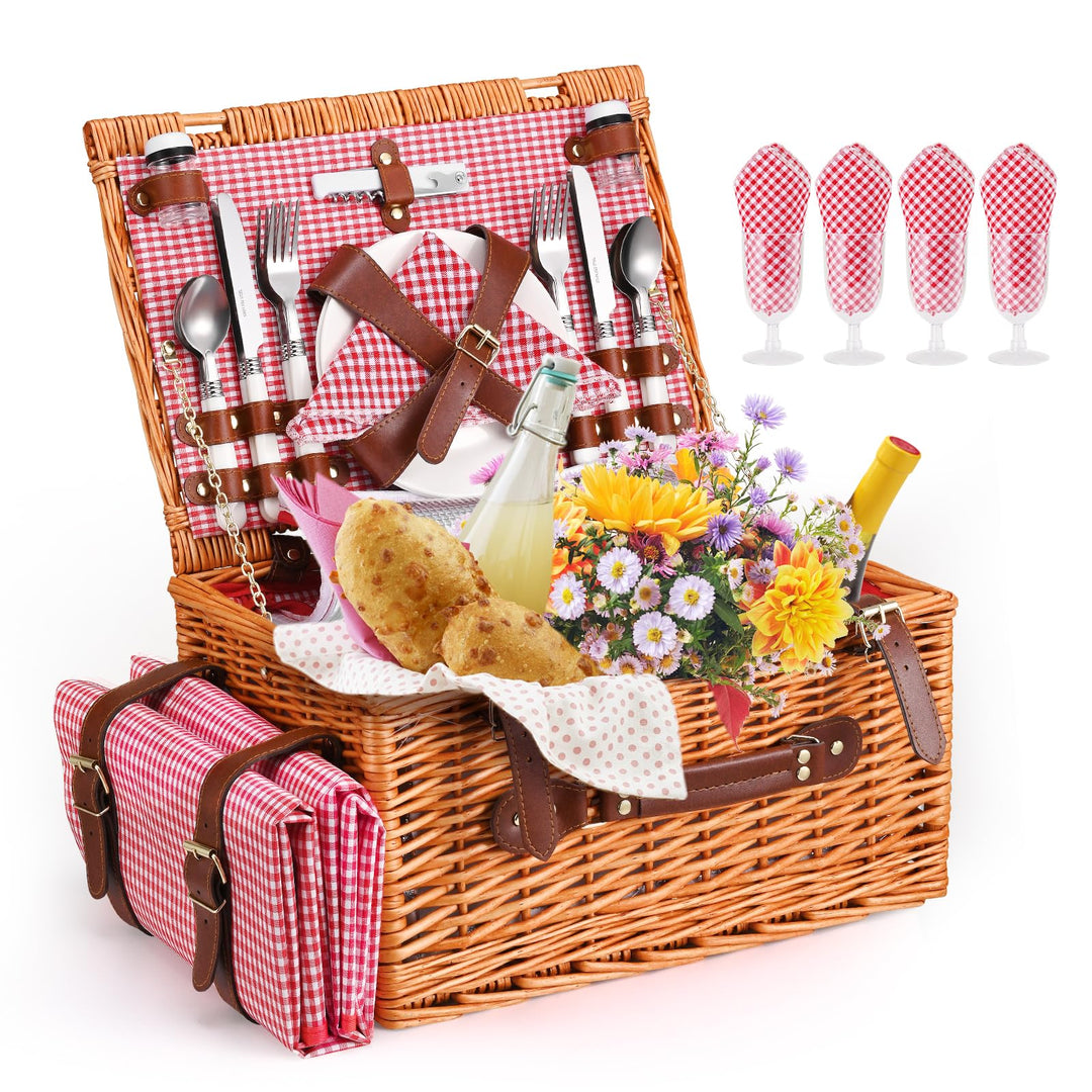Picknickkorb 4 Personen,Picknickkorb mit Kühlfach und wasserdichte Picknickdecke, Piknik Korb Set mi