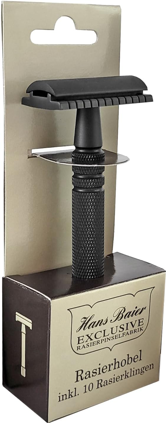 Hans Baier Exclusive Rasierhobelset Metall schwarz inkl. 10 Rasierklingen