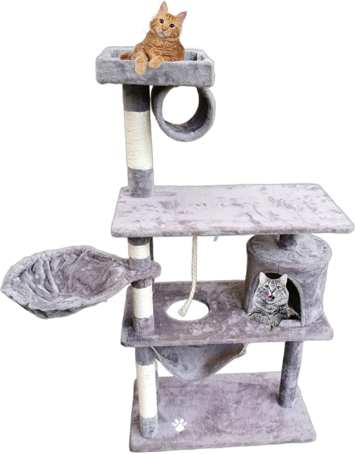 Sisal Kratzbaum für Katzen, 75 x 40 x 141 cm, grau, mit Höhle und Liegemulde