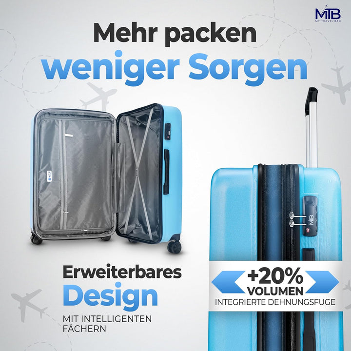 Hartschalen-Koffer Trolley ABS Reisekoffer 4 Zwillingsrollen (Handgepäck-Mittel-Gross-Set) + 5cm Deh