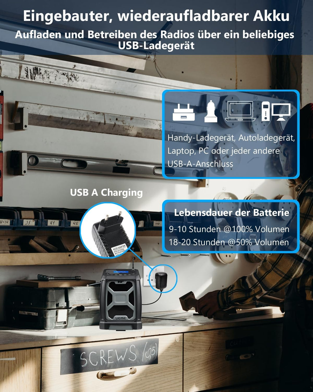 Baustellenradio DAB Mit Akku Aufladbar (6000mAh), DAB+, FM Radio, Bluetooth 5.0, Dual Radiowecker, A