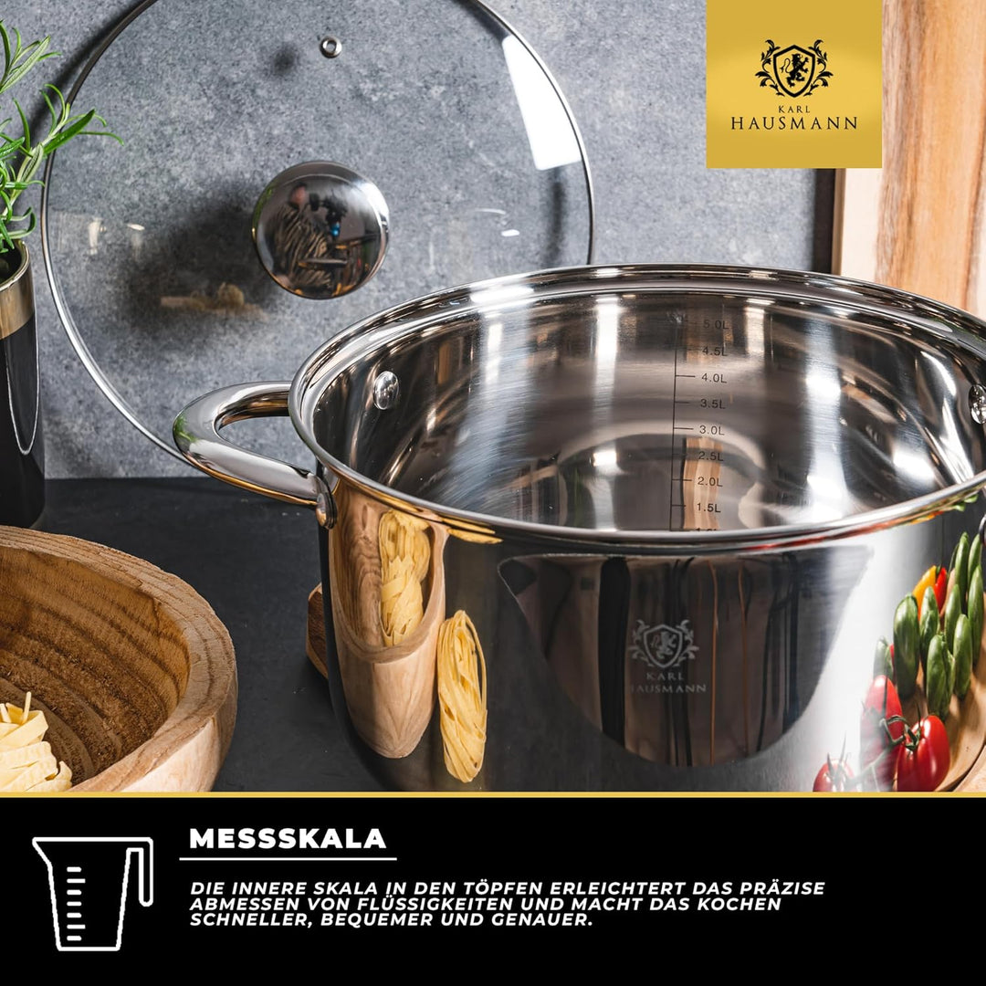 Topfset Induktion 3-teilig, Kochtopf Set mit Glasdeckel, Edelstahl mattiert, Induktions Töpfe Set un