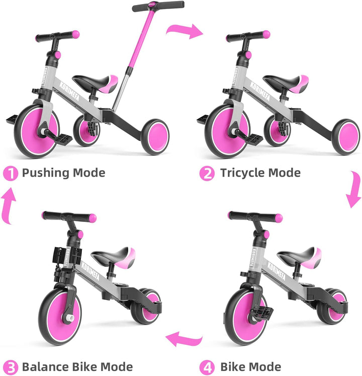 KORIMEFA 4 in 1 Laufräder Laufrad Kinderdreirad Dreirad Lauffahrrad Lauflernhilfe mit Schubstange fü