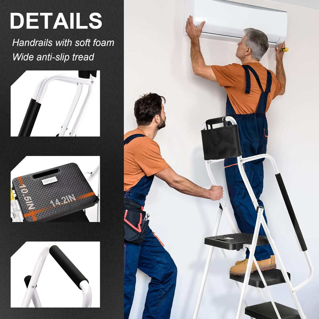 HBTower Leiter 4 Stufen, Trittleiter mit Handläufen, klappbarer Tritthocker mit ansteckbarer Werkzeu