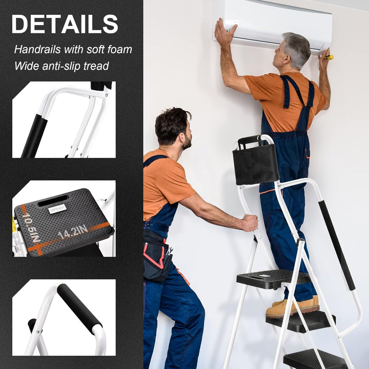 HBTower Leiter 4 Stufen, Trittleiter mit Handläufen, klappbarer Tritthocker mit ansteckbarer Werkzeu