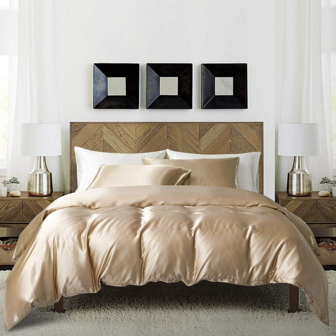 Damier Bettwäsche 155x220cm Beige Satin Uni Glatt Bettwäsche Set Deluxe Hochwertiges Deckenbezug mit