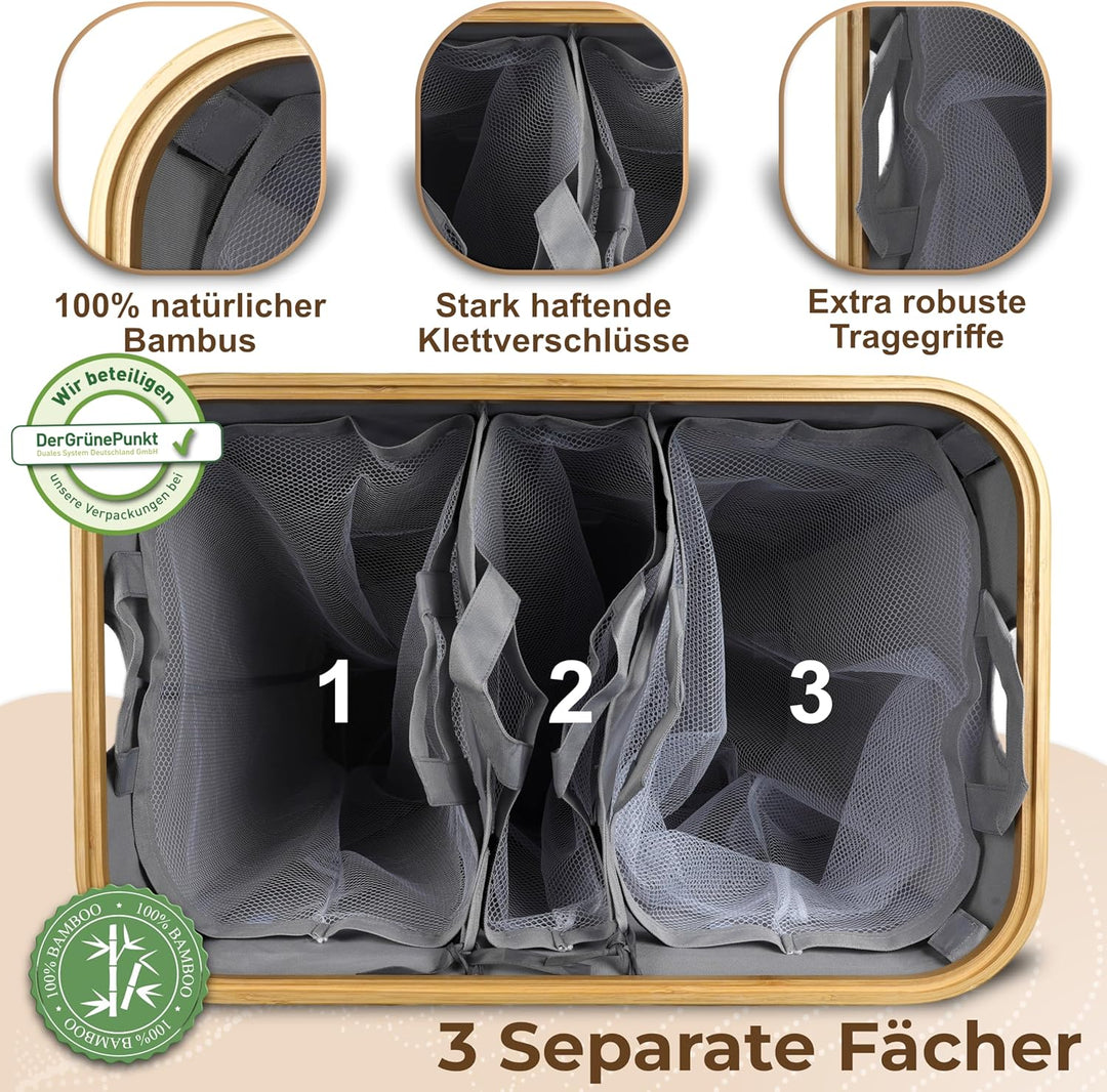 Luxpur® Wäschekorb XXL mit Deckel 3 Fächer Wäschesack Bambus Wäsche-Sortier-System Faltbare Wäschebo