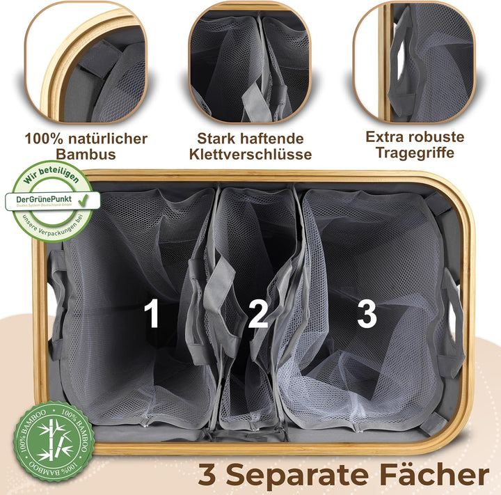 Luxpur® Wäschekorb XXL mit Deckel 3 Fächer Wäschesack Bambus Wäsche-Sortier-System Faltbare Wäschebo