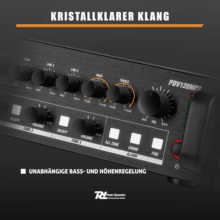 Power Dynamics PDV120MP3 4 Zonen Receiver 120 Watt, Verstärker mit Bluetooth und MP3, USB, SD, UKW R