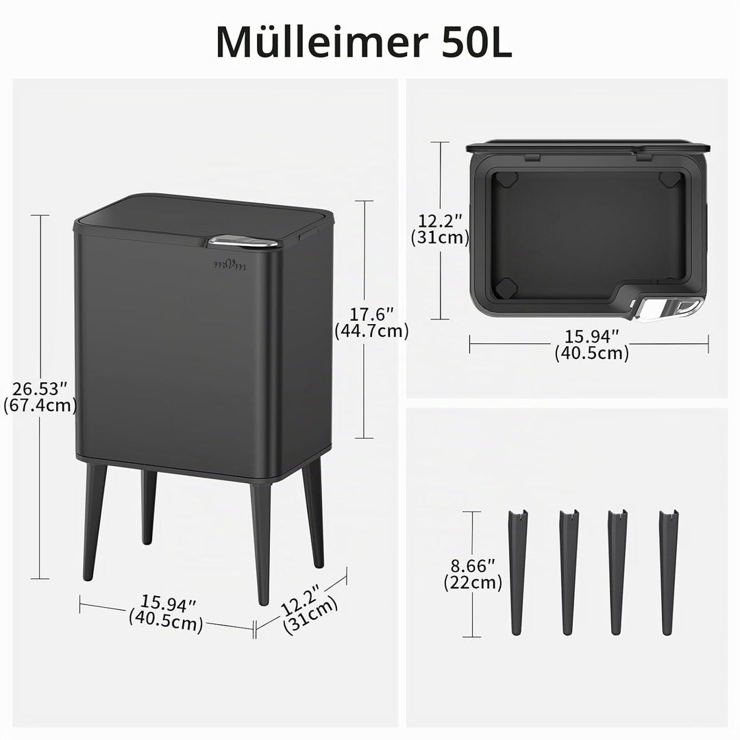 mVm Küchen &amp; Büromülleimer 50L, Edelstahl, Rechteckig, Mit Deckel &amp; Geruchsfilter, Sanftschliessend