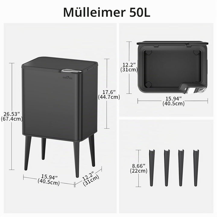 mVm Küchen &amp; Büromülleimer 50L, Edelstahl, Rechteckig, Mit Deckel &amp; Geruchsfilter, Sanftschliessend