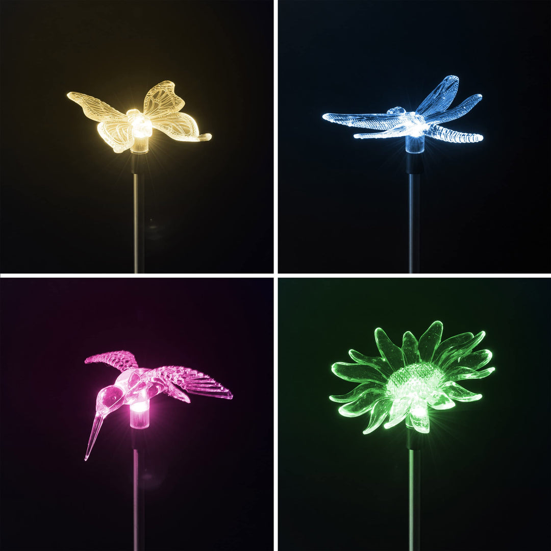 Bonetti 4er Set LED Solar Gartenstecker - Solarstecker mit Farbwechsel (Schmetterling, Libelle, Blum