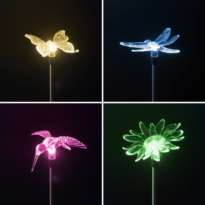 Bonetti 4er Set LED Solar Gartenstecker - Solarstecker mit Farbwechsel (Schmetterling, Libelle, Blum