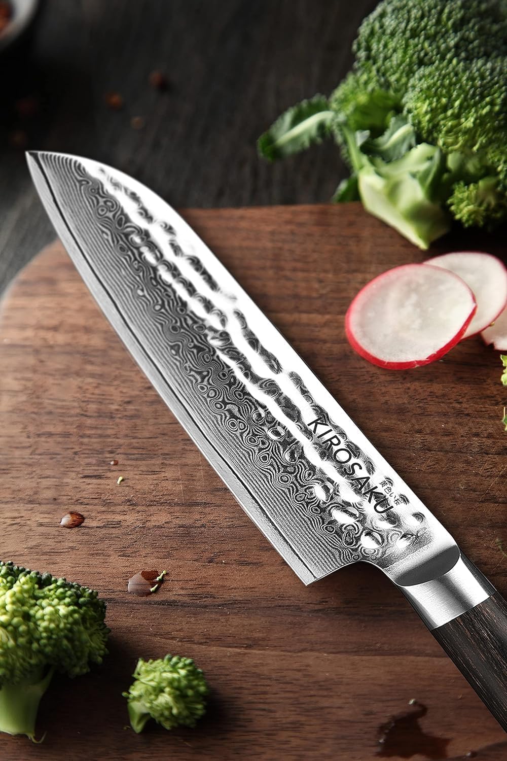 Kirosaku Santoku Damastmesser - Damaskus Messer mit echtem Pakkaholzgriff - Profimesser mit Geschenk