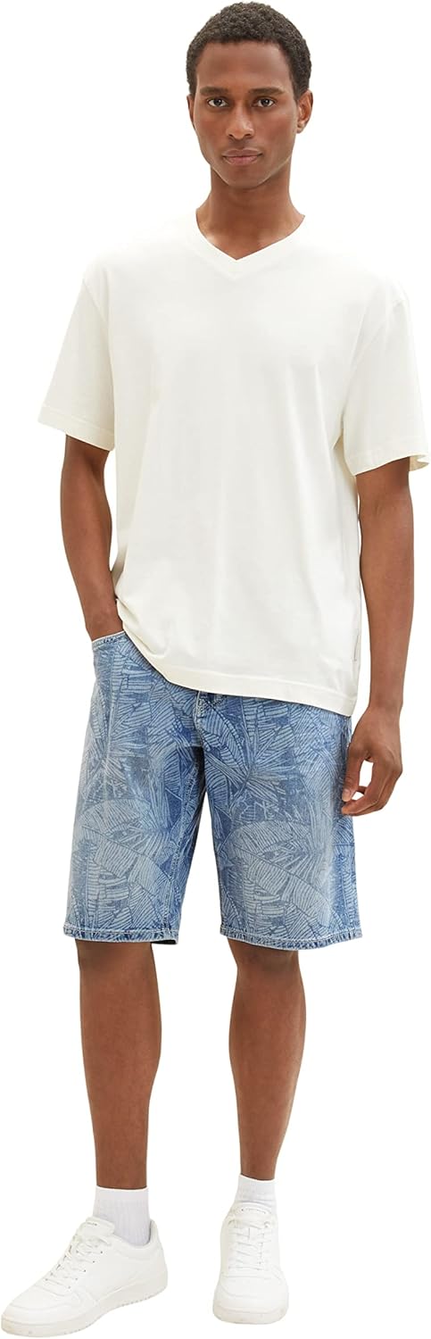 TOM TAILOR Herren Relaxed Fit Jeans Bermuda Shorts mit Palmen-Print, 31748 - Light Banana Leaf Lazer