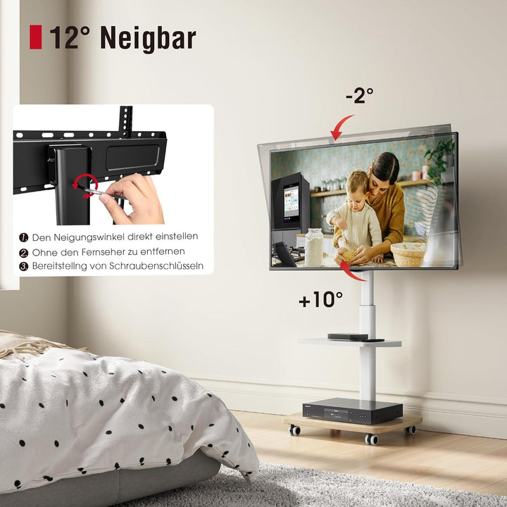 AOKCOS TV Ständer Rollbar mit Holzablage Regal, Fernsehständer auf Rollen für 32-65 Zoll Fernseher,