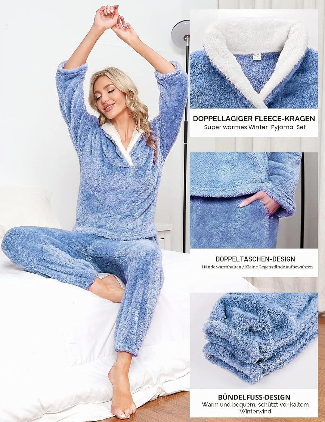 Schlafanzug Damen Winter Thermo Pyjama Lang Fleece Hausanzug Kuschelig Warm Pyjama Set Flauschig Fre