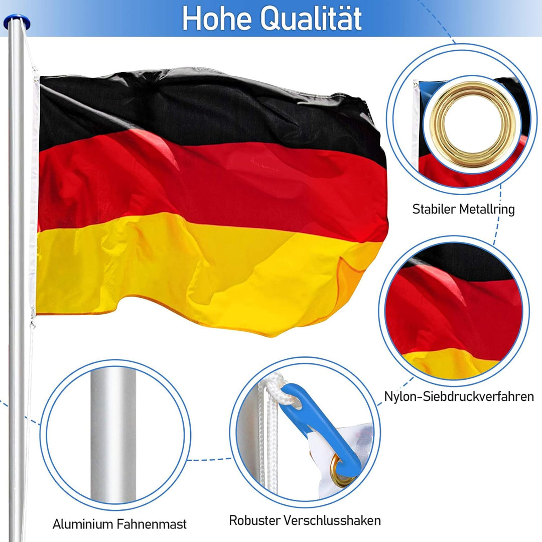 Jiubiaz Fahnenmast Aluminium Teleskop 6,50m, Fahnenstange Bodenhülse 50cm, inkl Deutschlandfahne, Hö