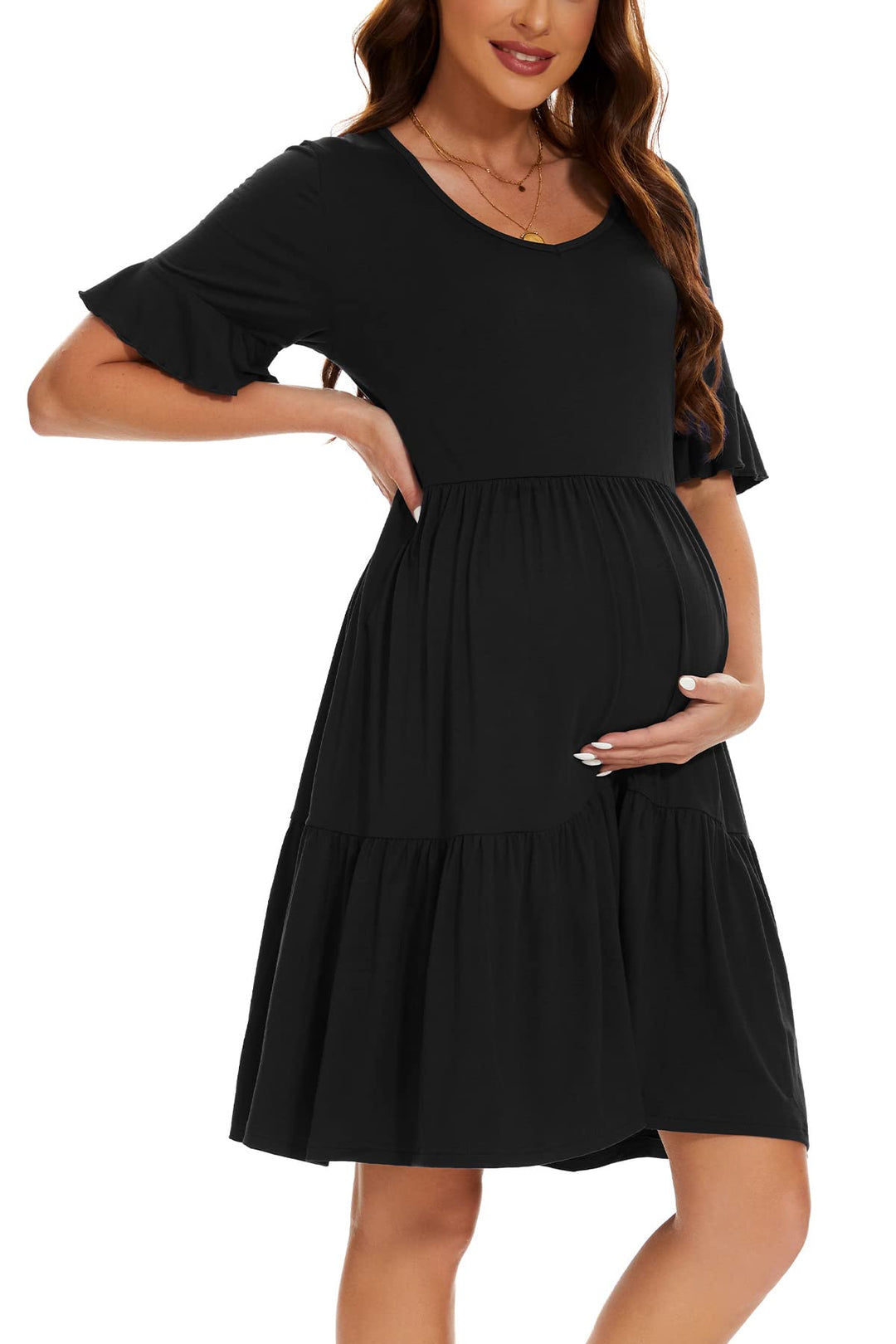 Smallshow Damen Umstandskleid Kurzarm Sommer Schwangerschafts Umstandsmode Kleid L Schwarz, L Schwar