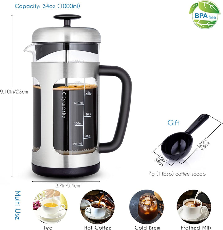 Easyworkz French Press Kaffeebereiter Kaffeepresse aus Edelstahl mit Borosilikatglas,rutschfester we