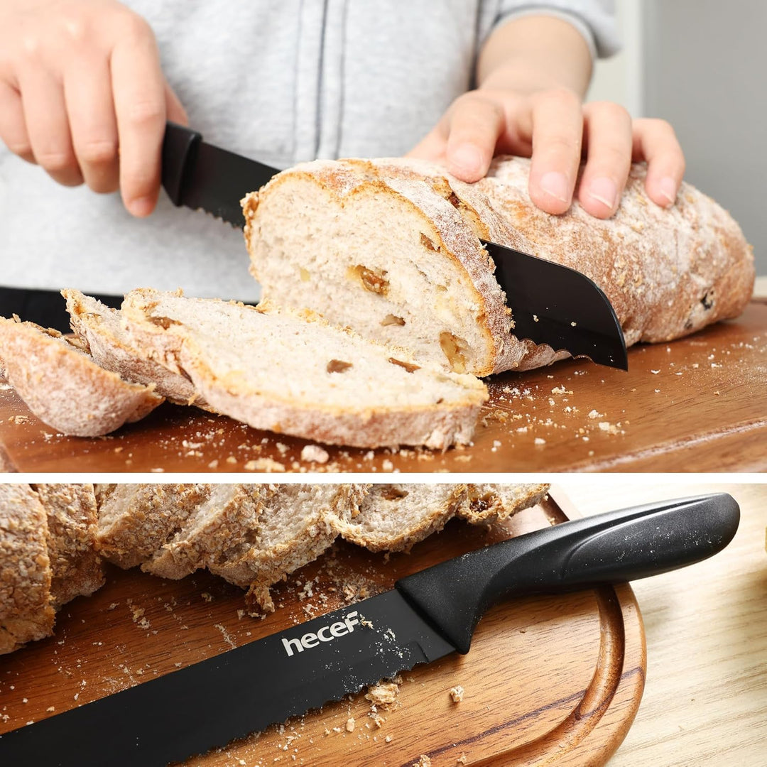 hecef Messerset Schwarz, Küchenmesser Set mit Antihaftbeschichtung, ergonomischer Griff, spülmaschin