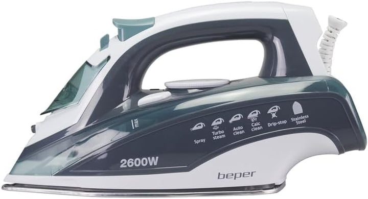 BEPER P204FER003 Bügeleisen, 400 ml, 2600 W, Stahlplatte, Trocken/Dampfbügeln, einstellbare Temperat