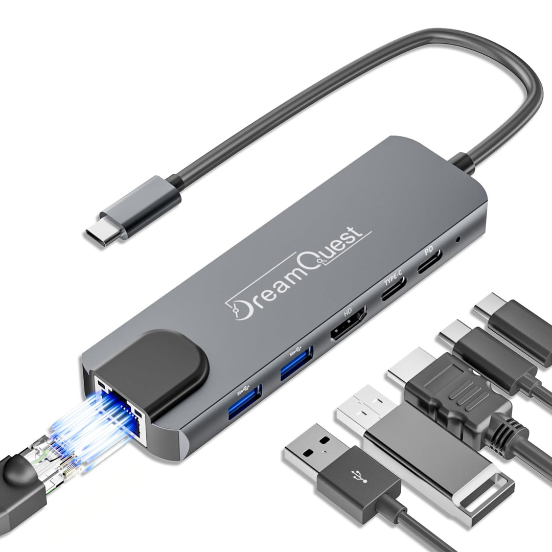 DreamQuest USB-C Hub 6-in-1 Docking Station mit 1000Mbps Netzwerkkarte,4K HDMI Port,PD 100W,USB 3.2