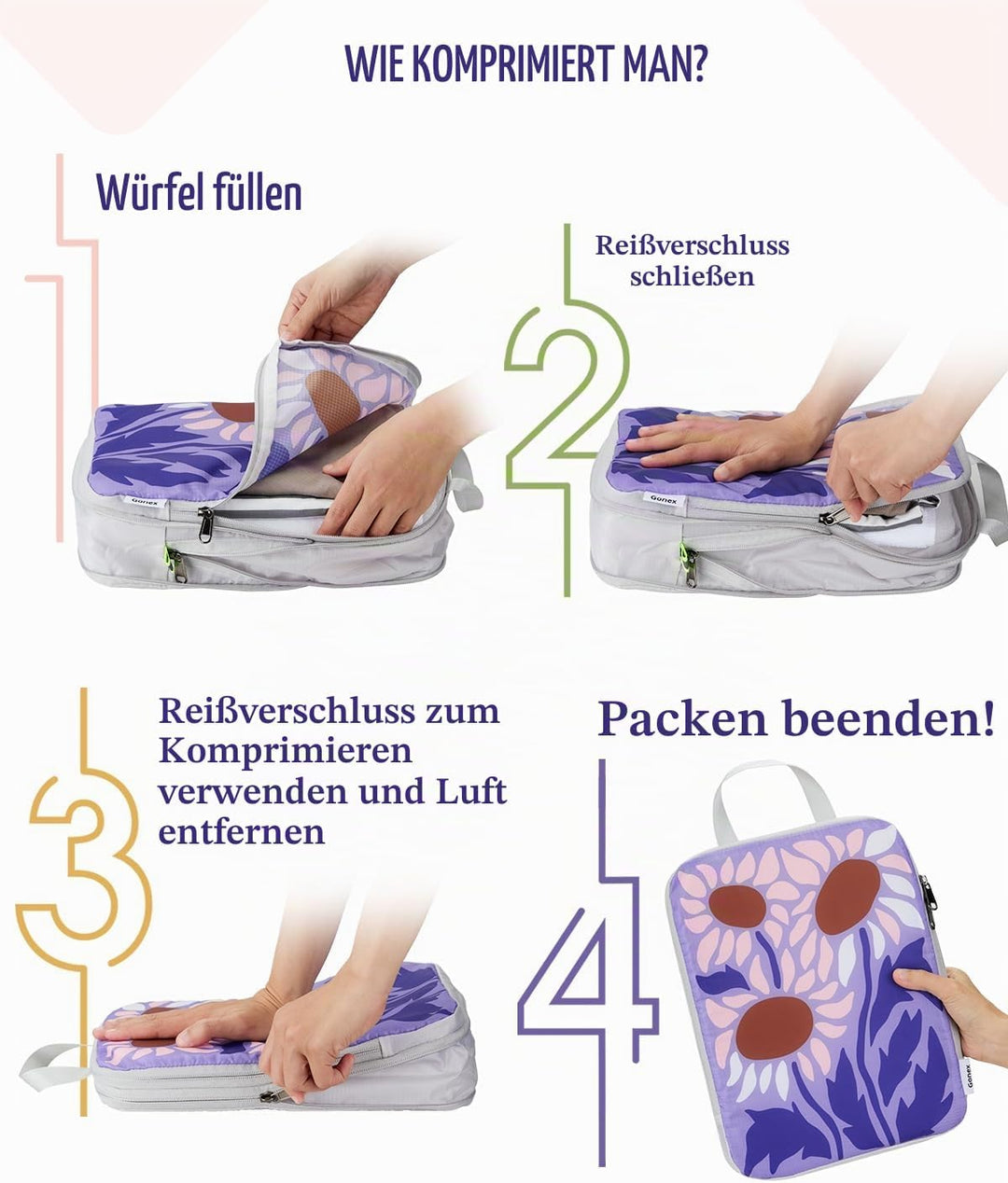 Gonex Compression Packing Cubes 6er Set, Gonex Kleidertaschen 6-teilig Verpackungswürfel, Kleidertas