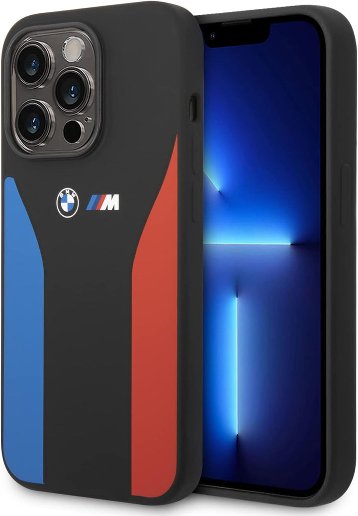 BMW BMHCP15L22SCSK Hülle für iPhone 15 Pro 6.1" Schwarz Silicone Blue&Red Stripes M Collection