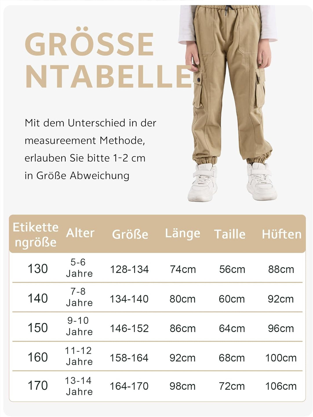 NATUST Kinder Cargo Hose mit elastischem Bund Funktionshose Jungen Jogginghose Outdoor 130 Khaki, 13