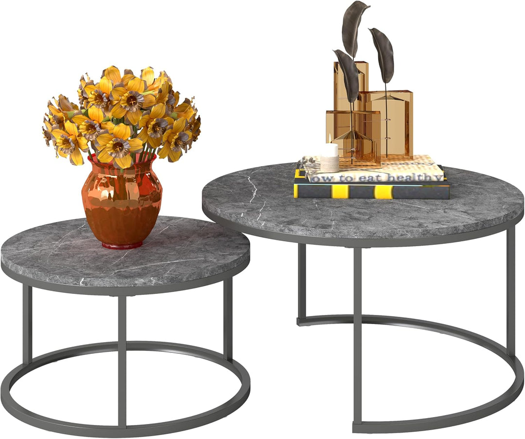hitsuki Couchtisch Rund 2er Set, Marmor Couchtisch Grau Metallgestell Wohnzimmertisch Grau, Beistell