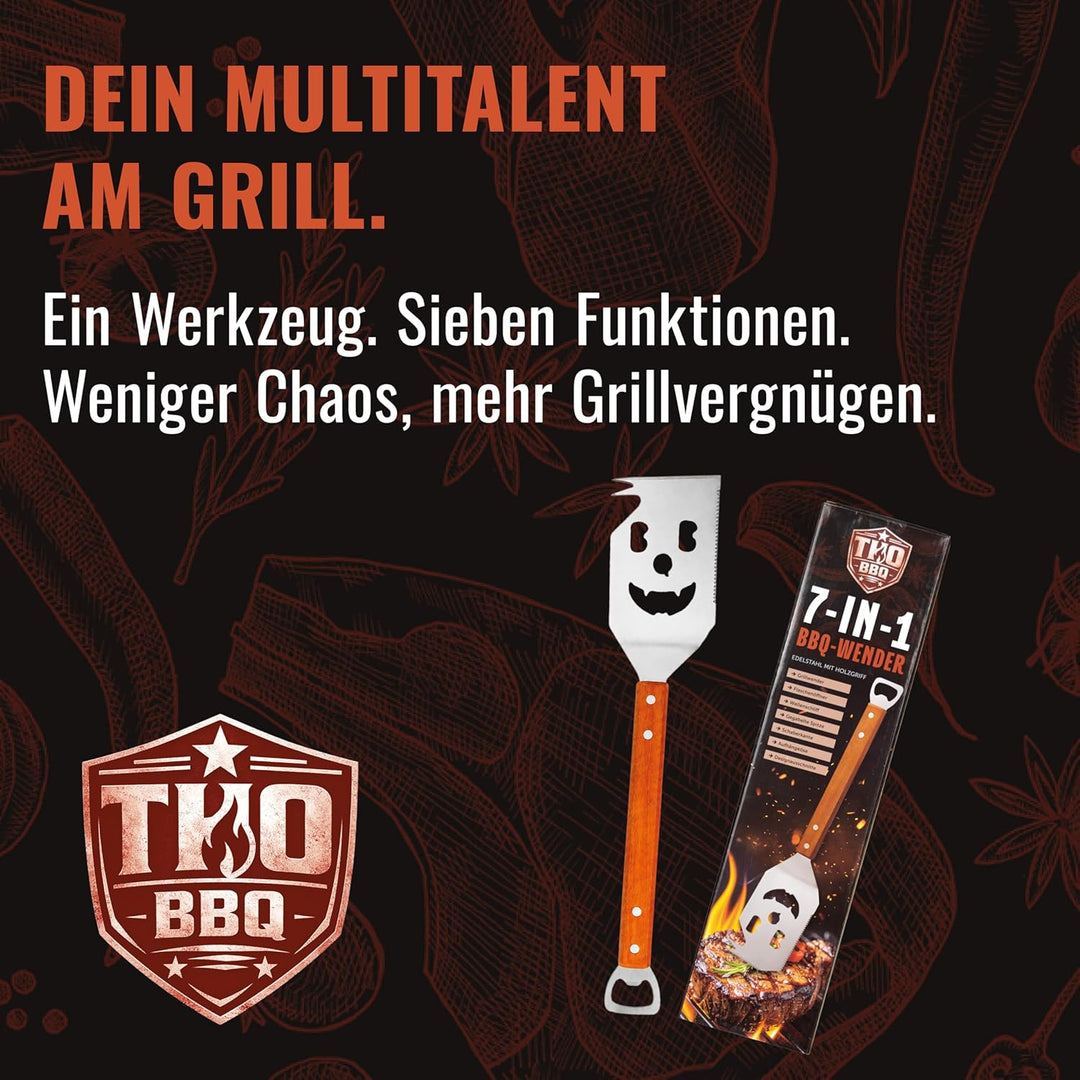 THO BBQ 7-in-1 Grillspachtel Edelstahl mit Holzgriff – Grillwender mit Flaschenöffner, Schaberkante