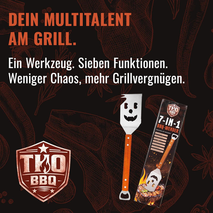 THO BBQ 7-in-1 Grillspachtel Edelstahl mit Holzgriff – Grillwender mit Flaschenöffner, Schaberkante