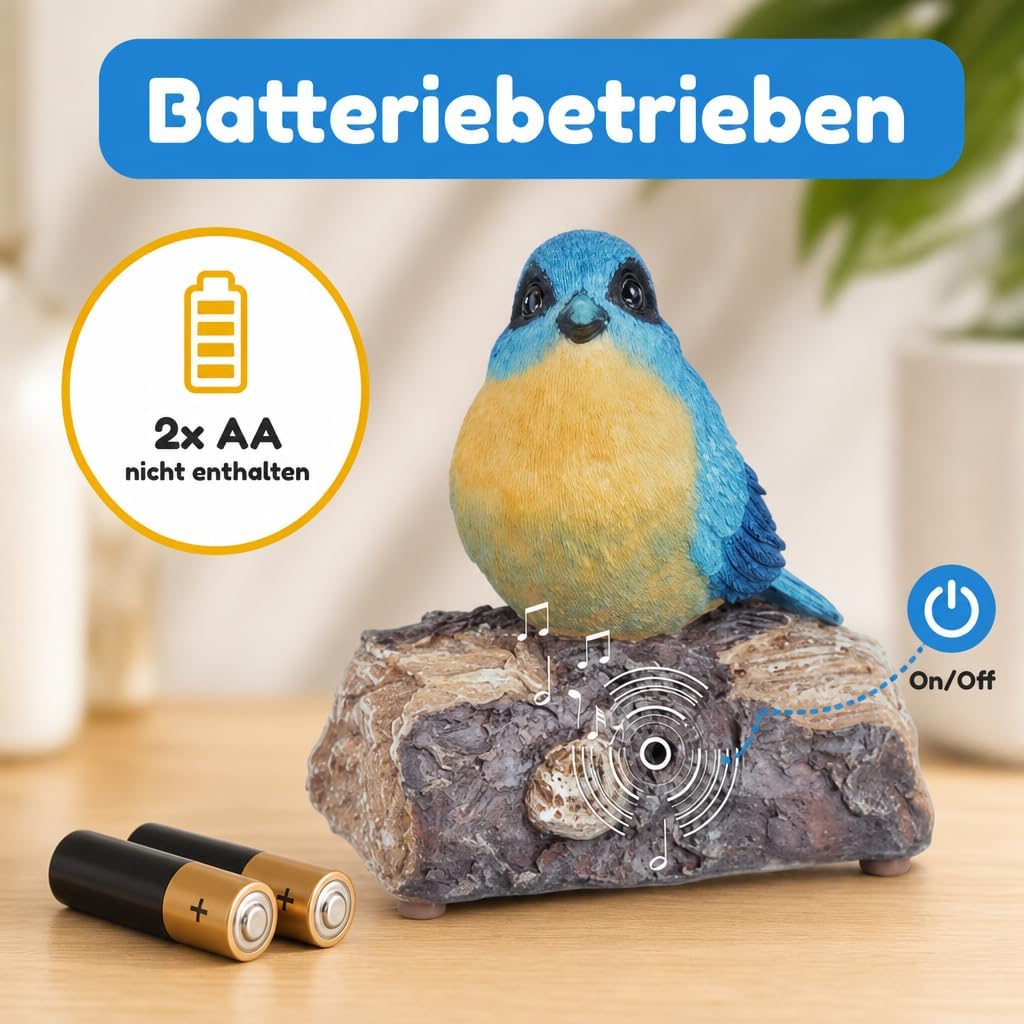 MIJOMA Dekovogel mit Vogelgezwitscher & Bewegungsmelder – Zwitschernder Vogel auf AST, Handbemalt, 1