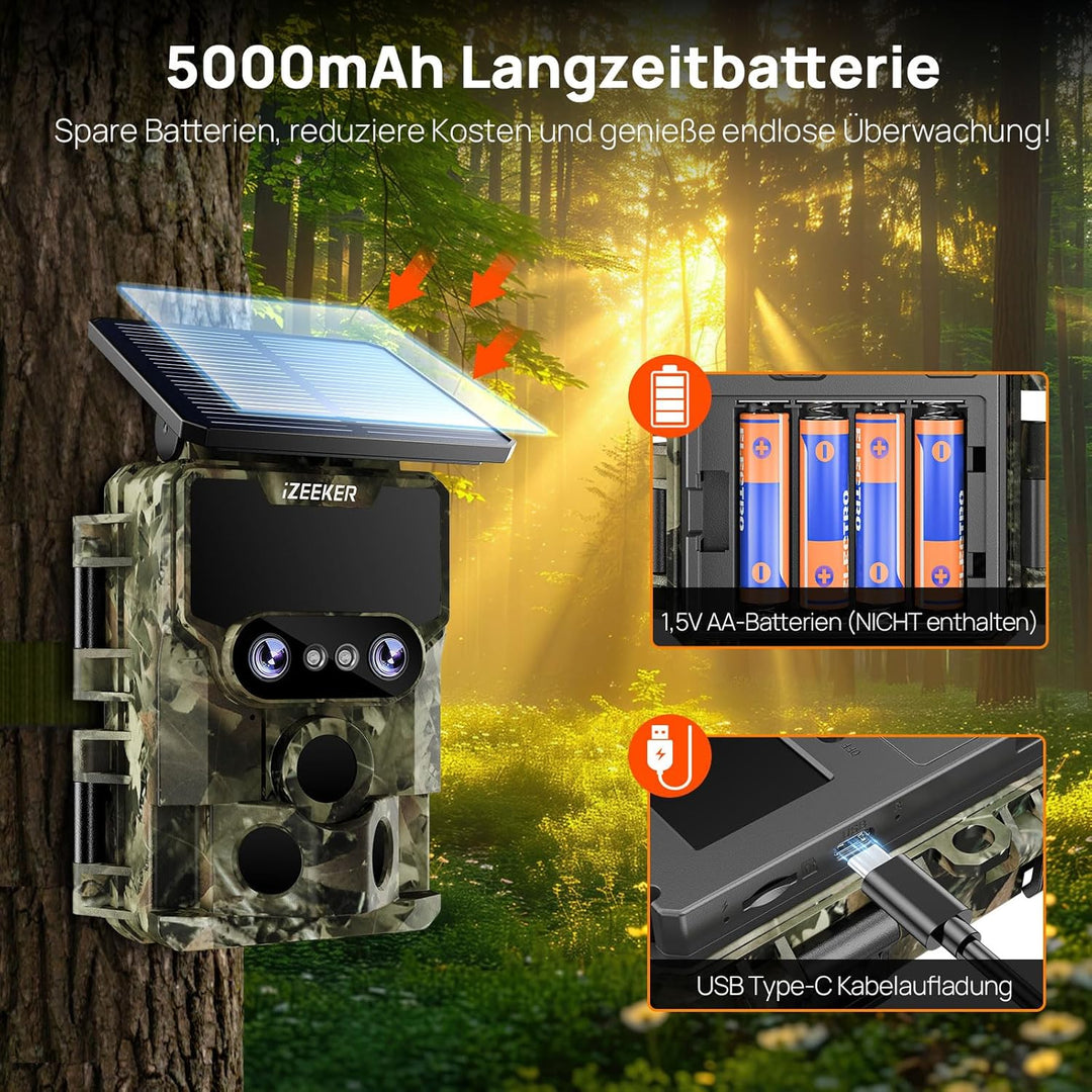 iZEEKER Wildkamera WLAN Duales Objektiv 4K 30fps 60MP, Wildtierkamera mit Sternenlicht Nachtsicht Be