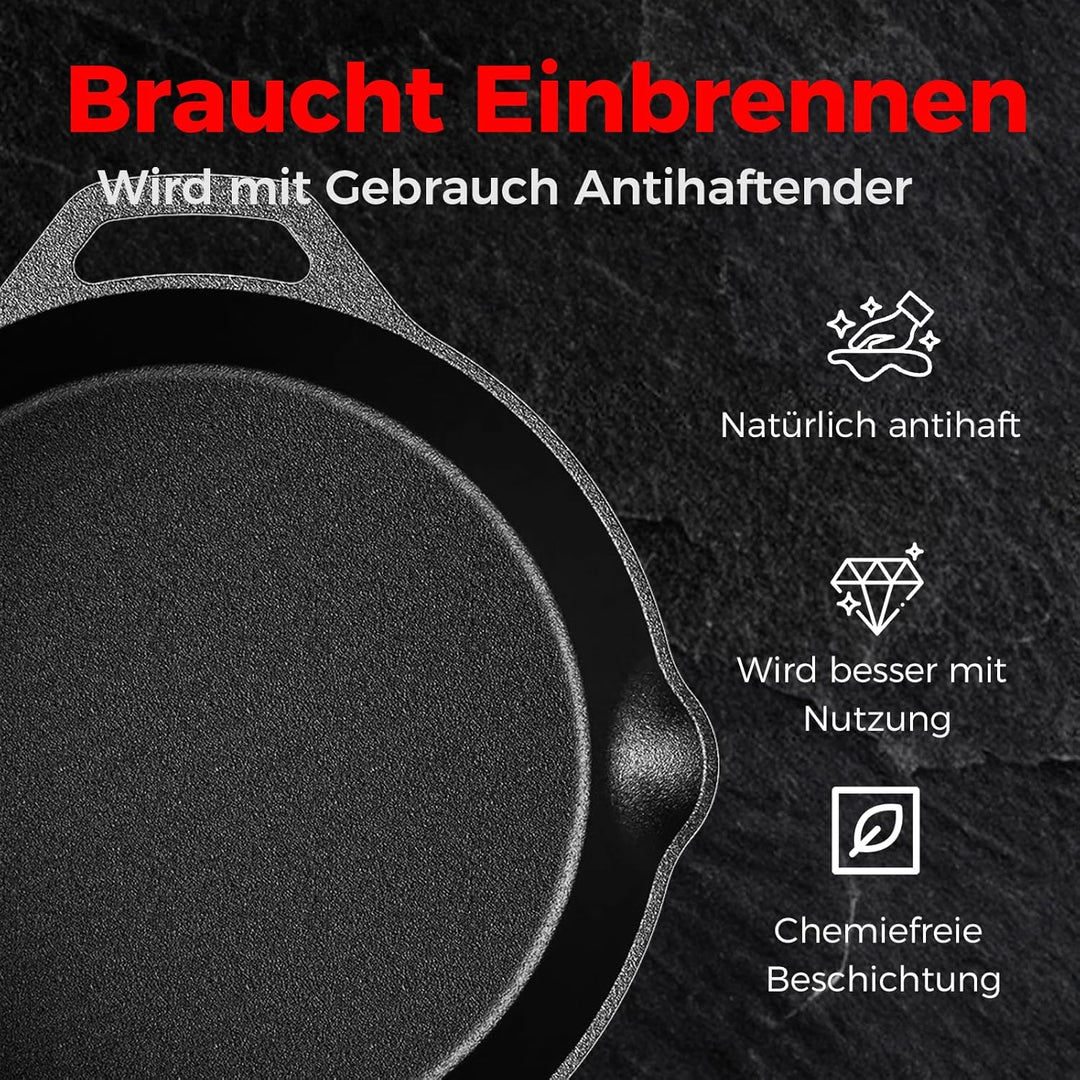 YASHE Gusseisenpfanne 26 CM, flache Bratpfanne für Steak und Fleisch, induktionsgeeignet, ofenfest,