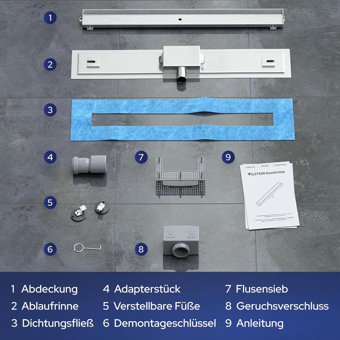VILSTEIN Duschrinne 110cm | Befliesbar | Edelstahl Bodenablauf Komplettset | Extra flach | Siphon mi