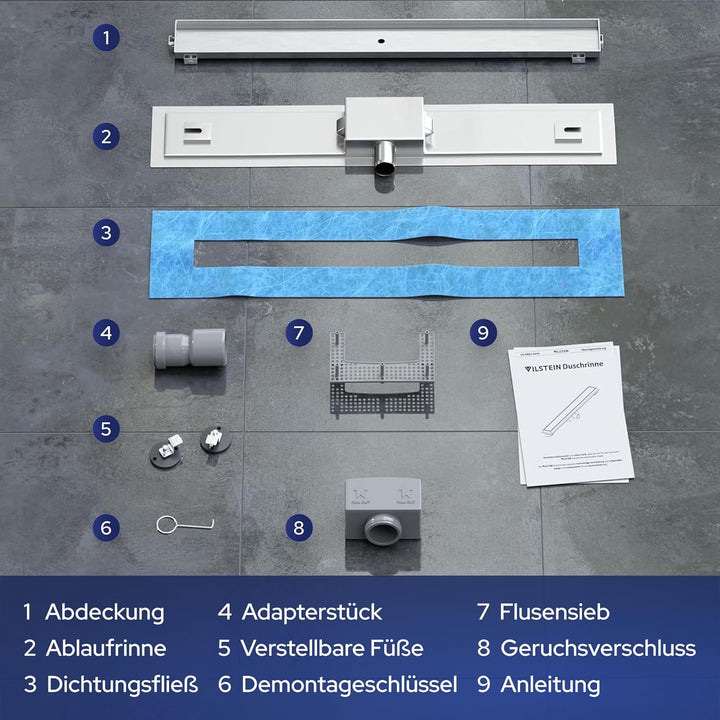 VILSTEIN Duschrinne 110cm | Befliesbar | Edelstahl Bodenablauf Komplettset | Extra flach | Siphon mi