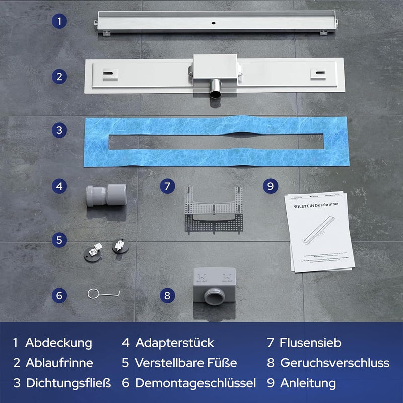 VILSTEIN Duschrinne 30cm | Befliesbar | Edelstahl Bodenablauf Komplettset | Extra flach | Siphon mit