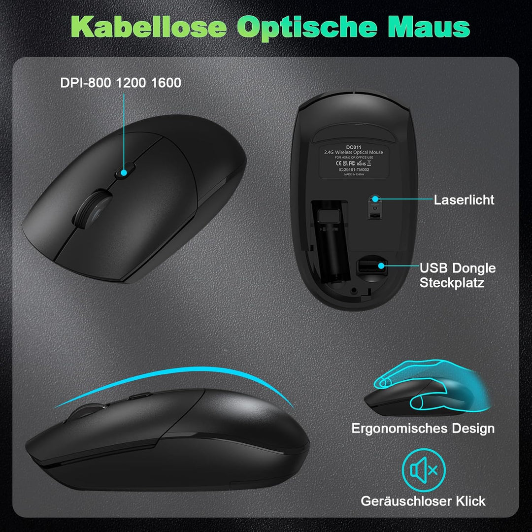 cimetech Tastatur Maus Set Kabellos, 2.4G Ergonomische Funktastatur mit Maus mit Handballenauflage u
