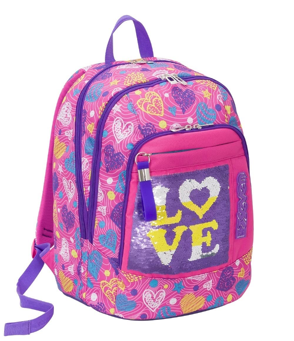 Seven S.P.A. Advanced School Backpack - Shineheart - Rosa - 30 l - Wendbare Pailletten - Reflektiere