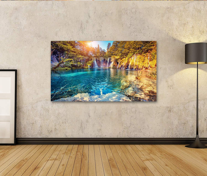 islandburner Bild auf Leinwand Majestätischer Blick Auf Türkisfarbenes Wasser Und Sonnige Strahlen I