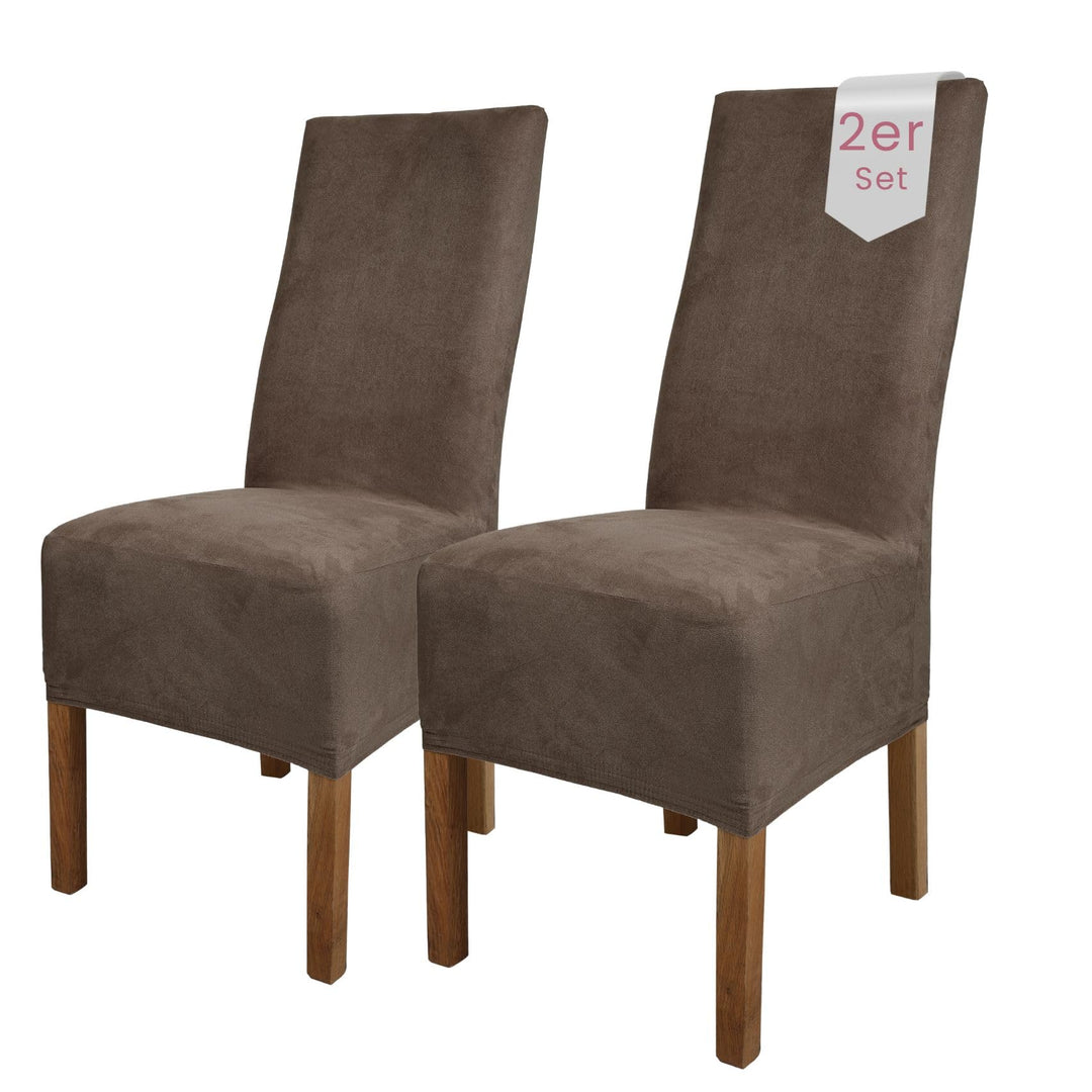 SCHEFFLER-Home Stuhlhussen 2er Set Leon Taupe-Braun/elastische Wildleder Hussen für Stühle/Robustes