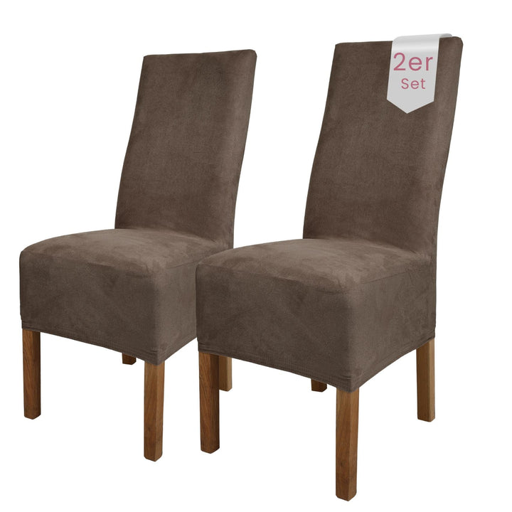 SCHEFFLER-Home Stuhlhussen 2er Set Leon Taupe-Braun/elastische Wildleder Hussen für Stühle/Robustes