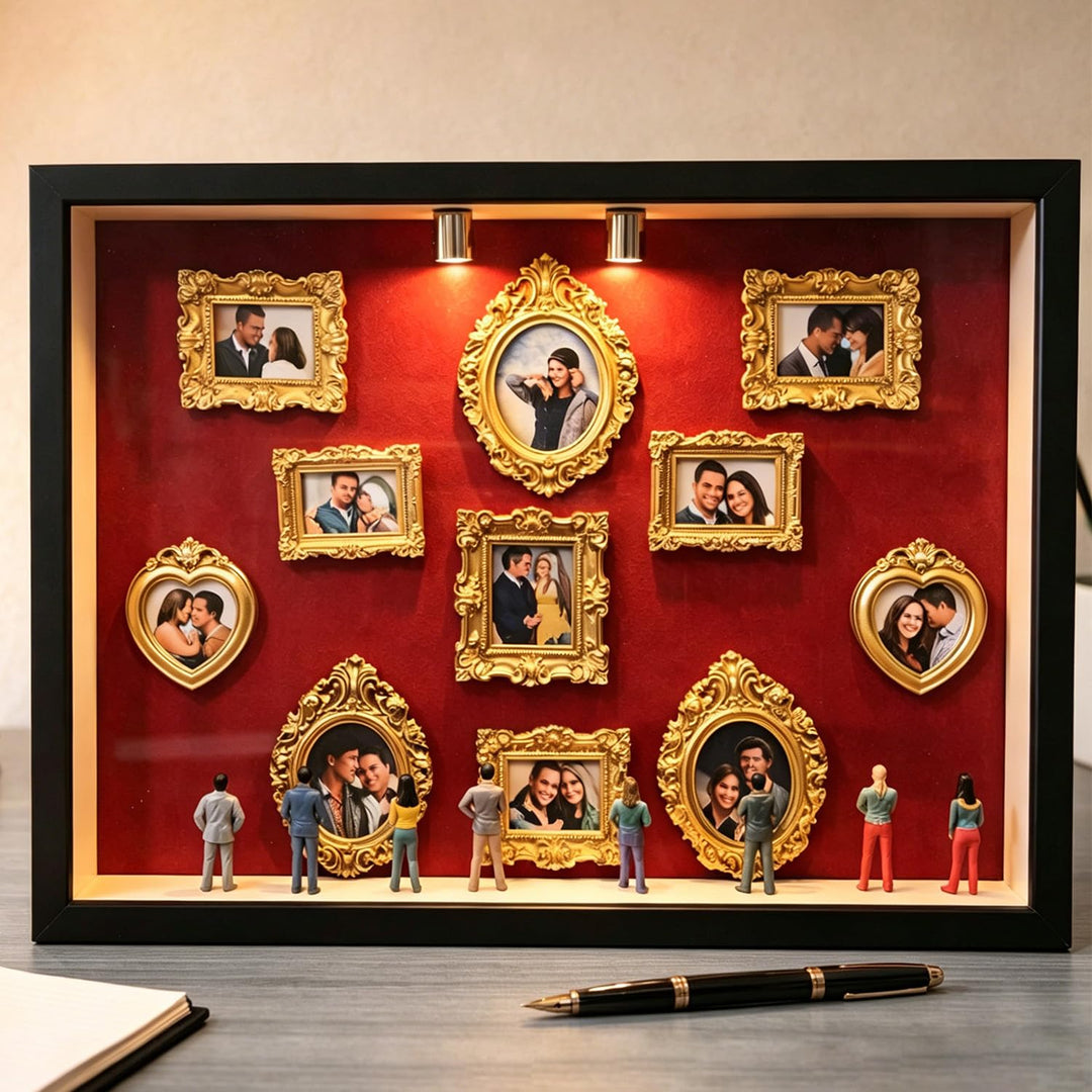 DIY Mini Museum Silhouette Box, Schwarzer Bilderrahmen mit Beleuchtung & 8 MINI Figuren & 11 Gold Ra