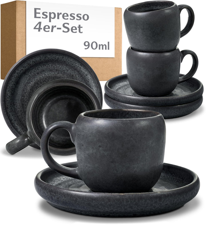 Cosumy 4er Espressotassen Set mit Untertassen Schwarz – 90 ml Keramik Espresso Tassen Set – Hält lan