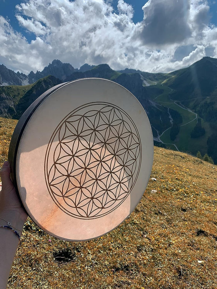 Sonic Energy 16" Handtrommel Lebensblume – Schamanische Rahmentrommel mit Ziegenfell – Für Meditatio