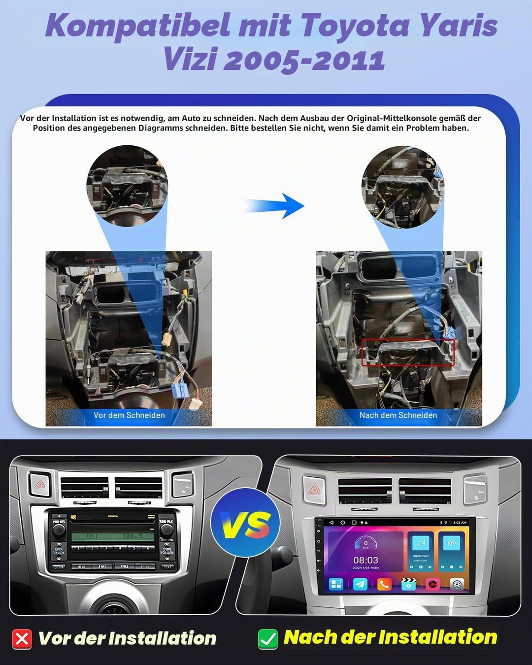 Hikity 2+64GB Android 15 Autoradio für Toyota Yaris/Vizi 2005-2011 Radio Wireless Carplay Android Au