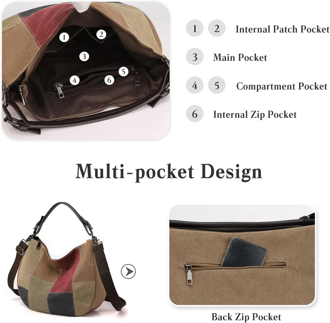 PORRASSO Retro Schultertasche Canvas Umhängetasche Damen Handtasche Hobotasche Crossbody Bag für Arb
