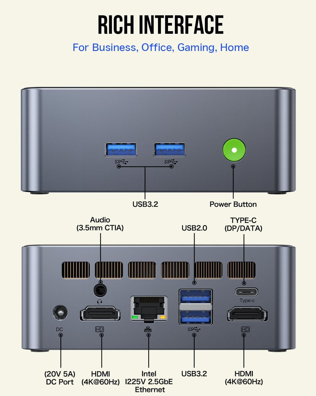 GMKtec Mini-PC Intel i5-12450H (Turbo 4,4 GHz) 16 GB (8x2) DDR4 3200 MHz 1 TB M.2 PCIe3.0 NVMe SSD M